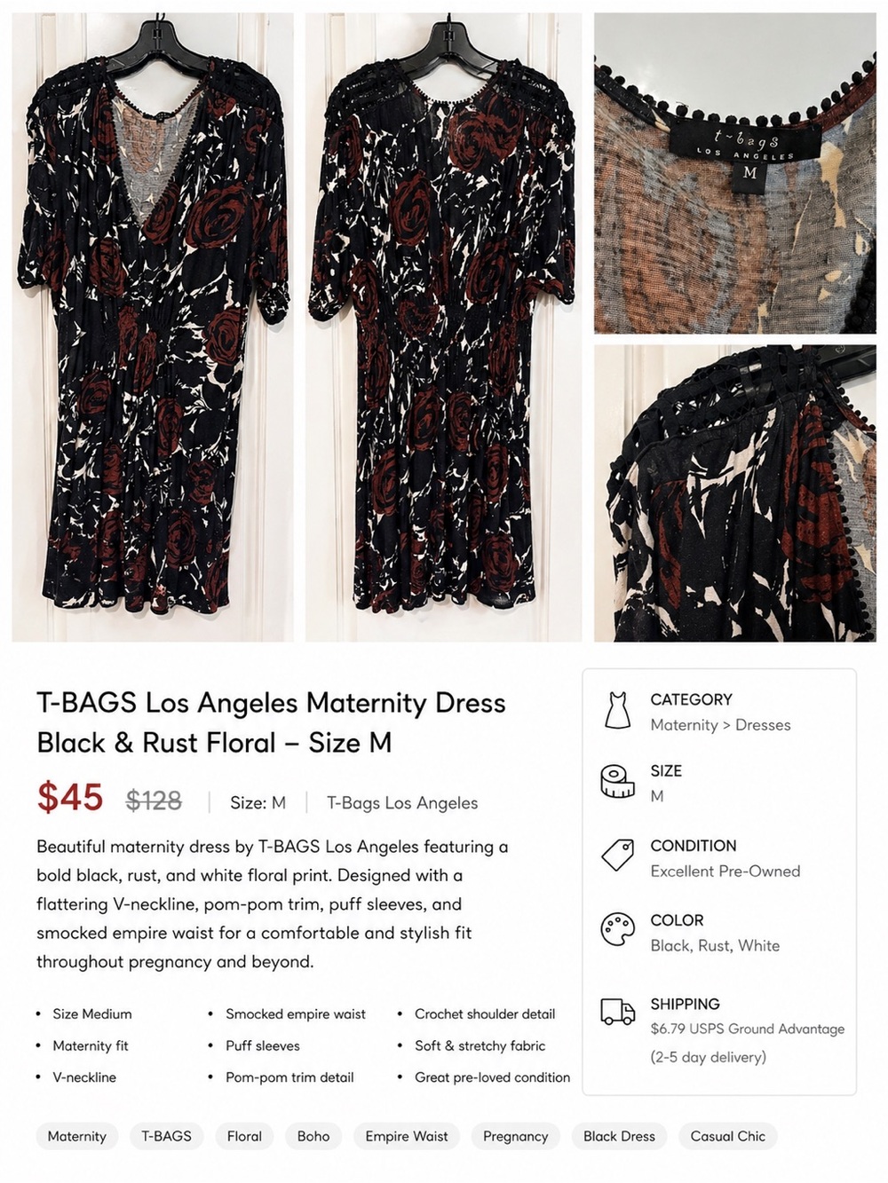 T-Bags Black & Rust Floral Midi Dress